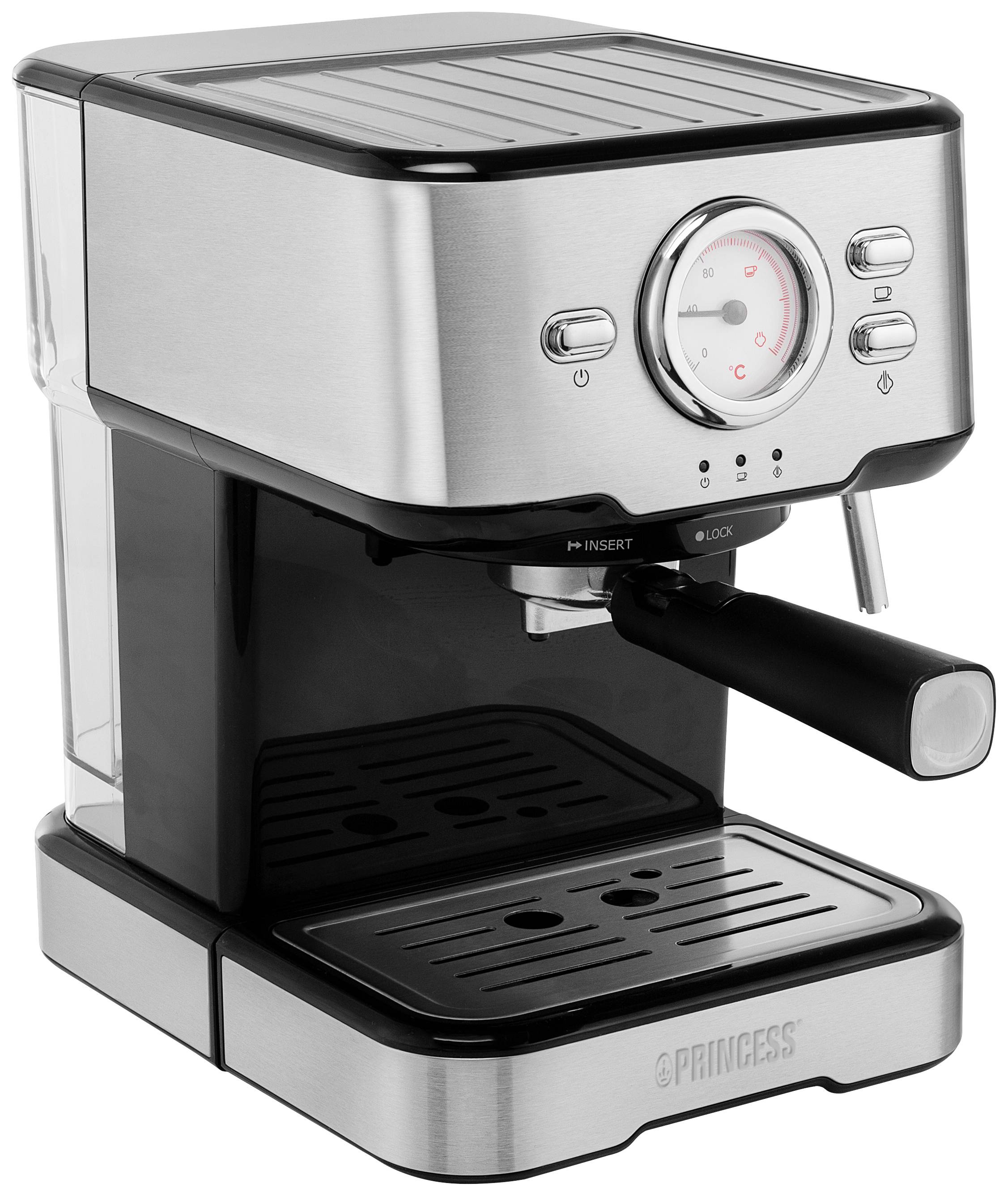 Stainless steel espresso machine with steam wand, pressure gauge, and drip tray. Retro-style design, suitable for kitchen or office.