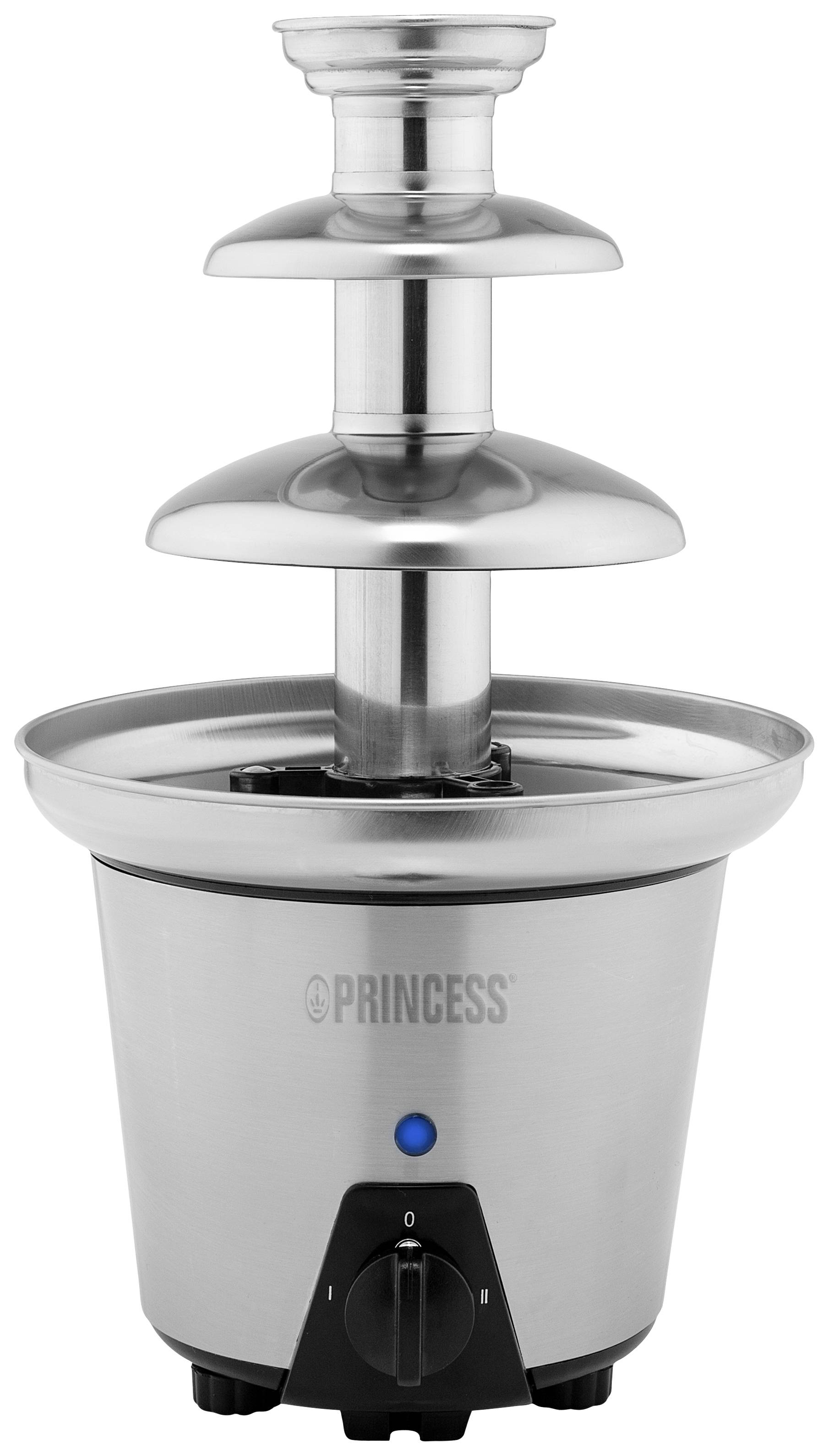 Three-tier stainless steel chocolate fountain with 'PRINCESS' logo on the exterior, perfect for parties and events.