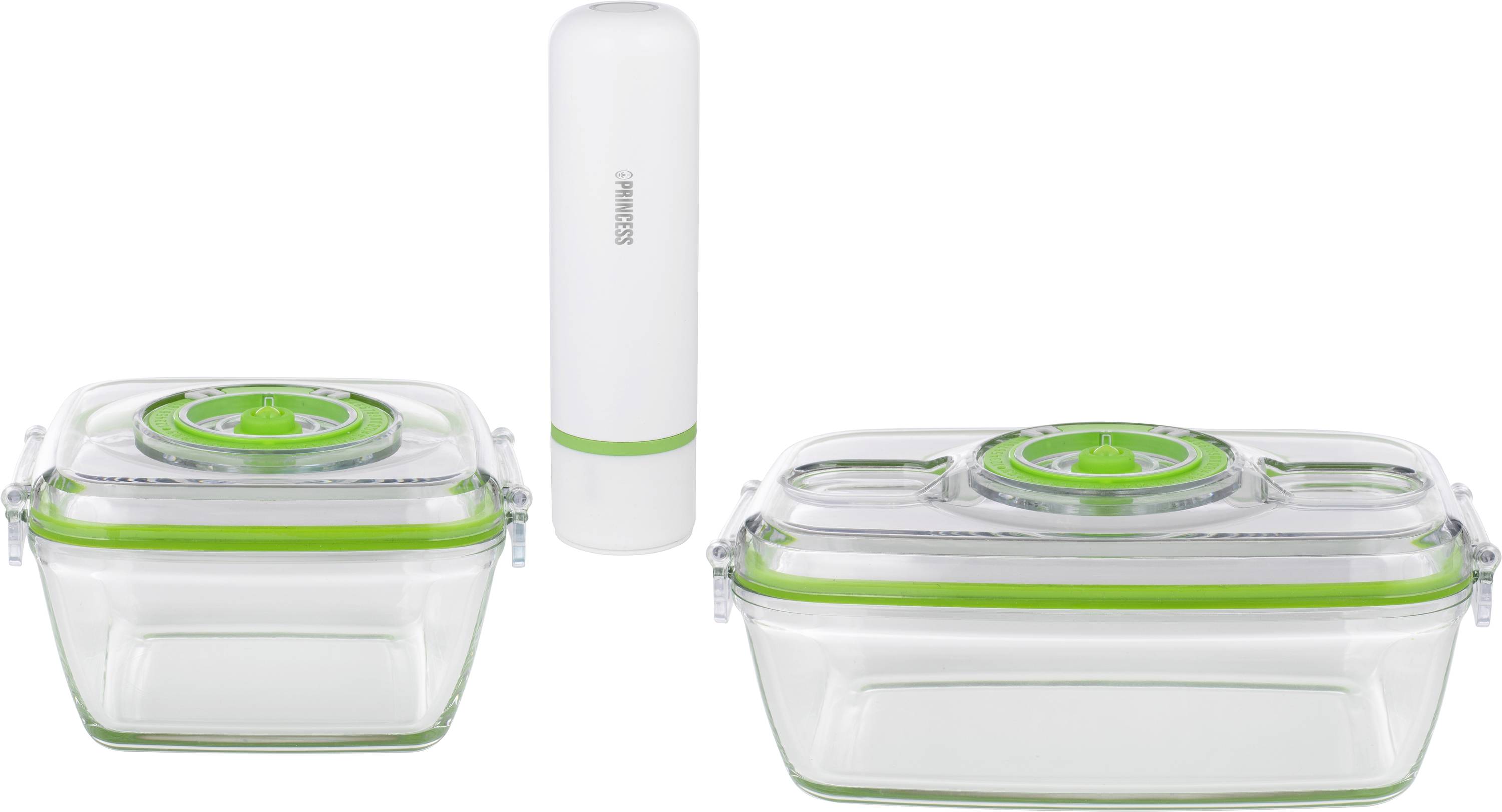 'Vacuum Food Storage Container Set': Two rectangular, transparent containers with green lids and a white electric vacuum pump.
