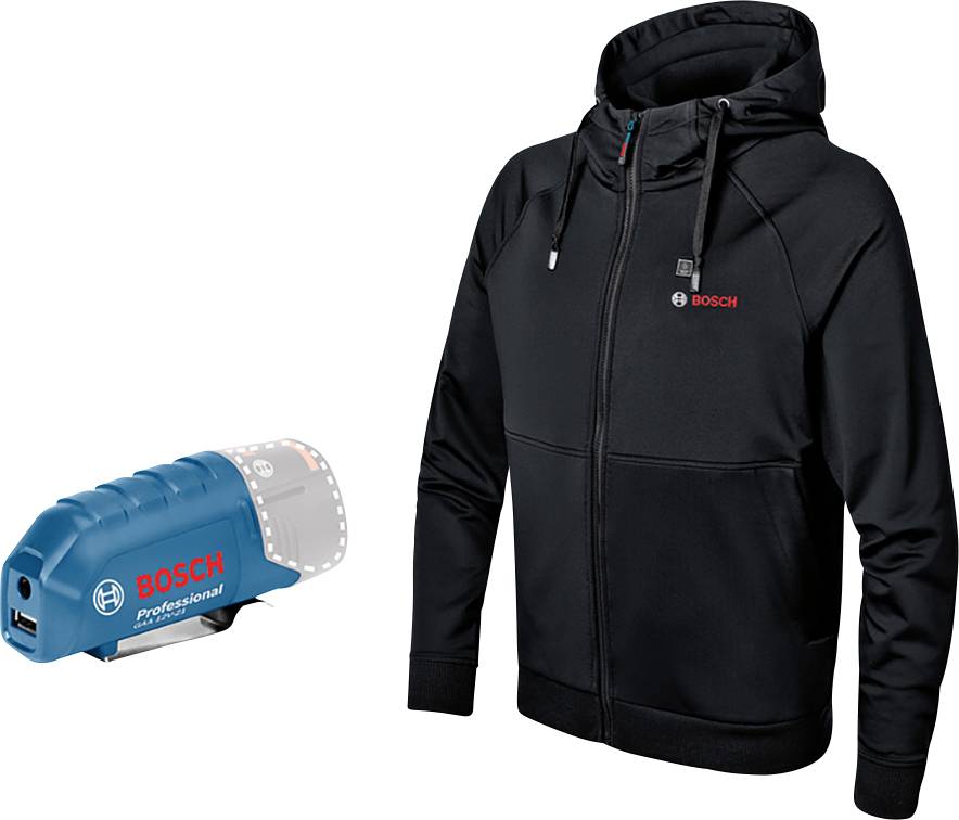A blue Bosch Professional heated jacket on the left of the image with an adapter, a black hooded jacket with Bosch logo on the right.