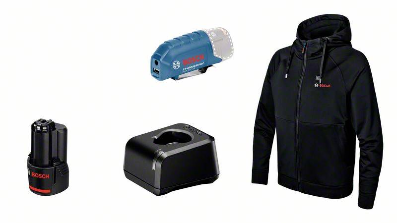 'Bosch Professional' cordless screwdriver bit, battery, charger and black hoodie set on white background.