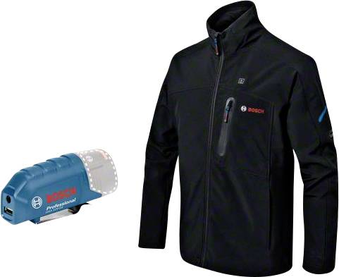 'Bosch' black heated jacket and a USB charger. The jacket features a discreet Bosch logo at chest height.