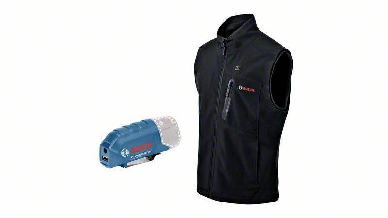 Pictured is a black Bosch heated jacket and a blue Bosch battery pack. The jacket has a zip and the battery pack is compact.