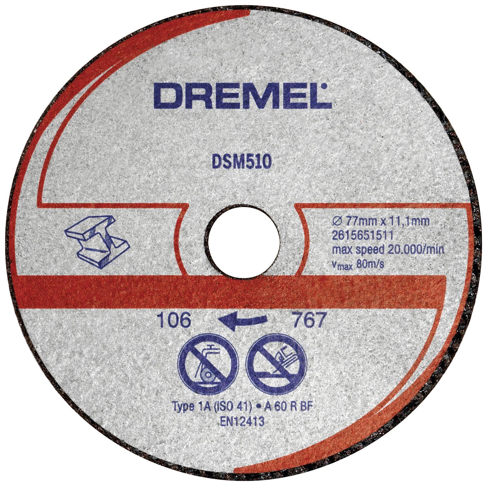 Silver cutting disc with red stripes and the inscription Dremel DSM510, max 20,000 rpm, suitable for metalworking.