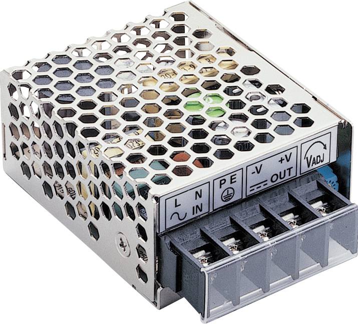 A power supply in a metal enclosure with a honeycomb structure. Visible are connections for L, N, PE, and output voltage (+V, -V).