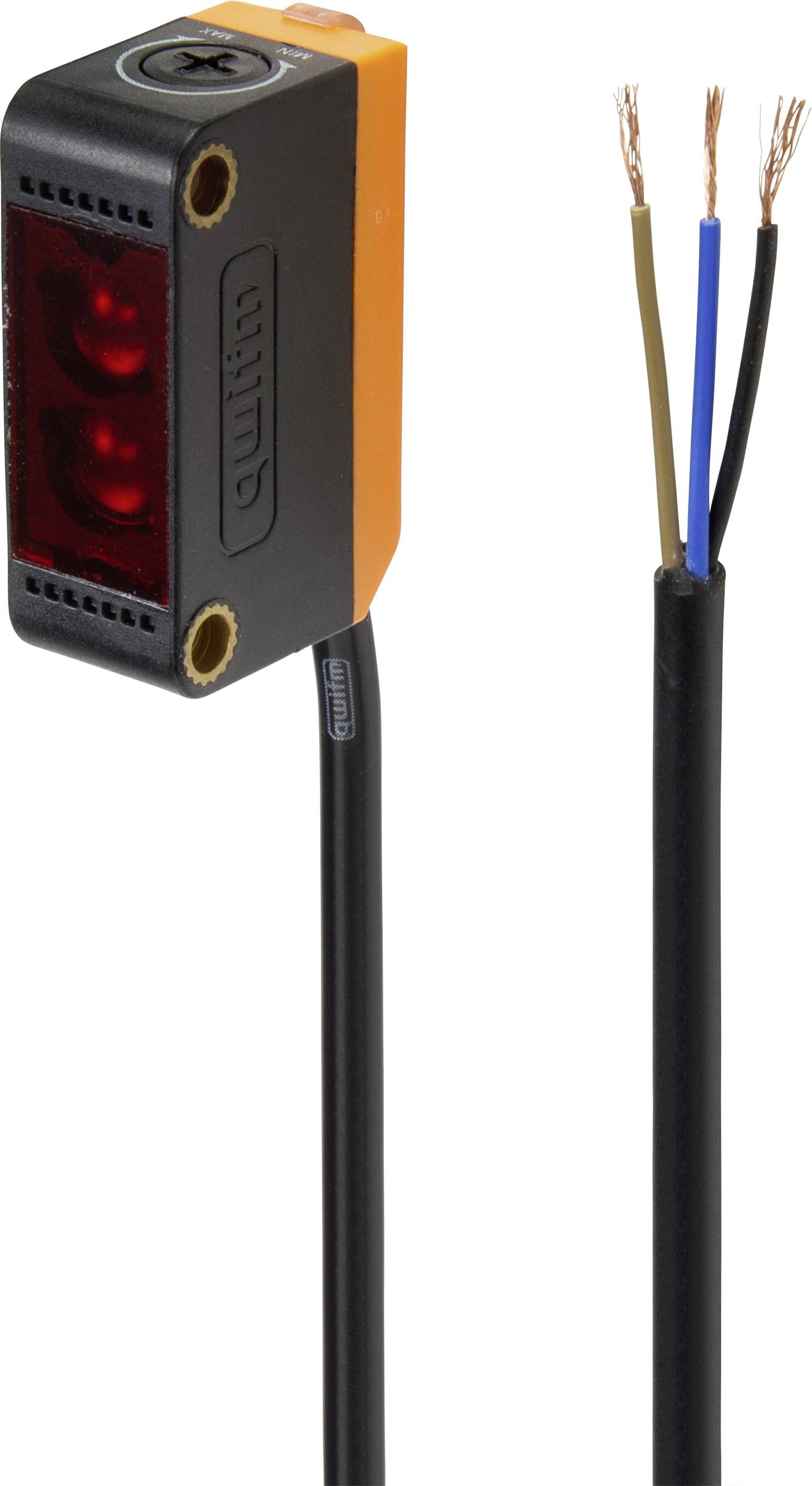A rectangular sensor with red lenses and three protruding cables.