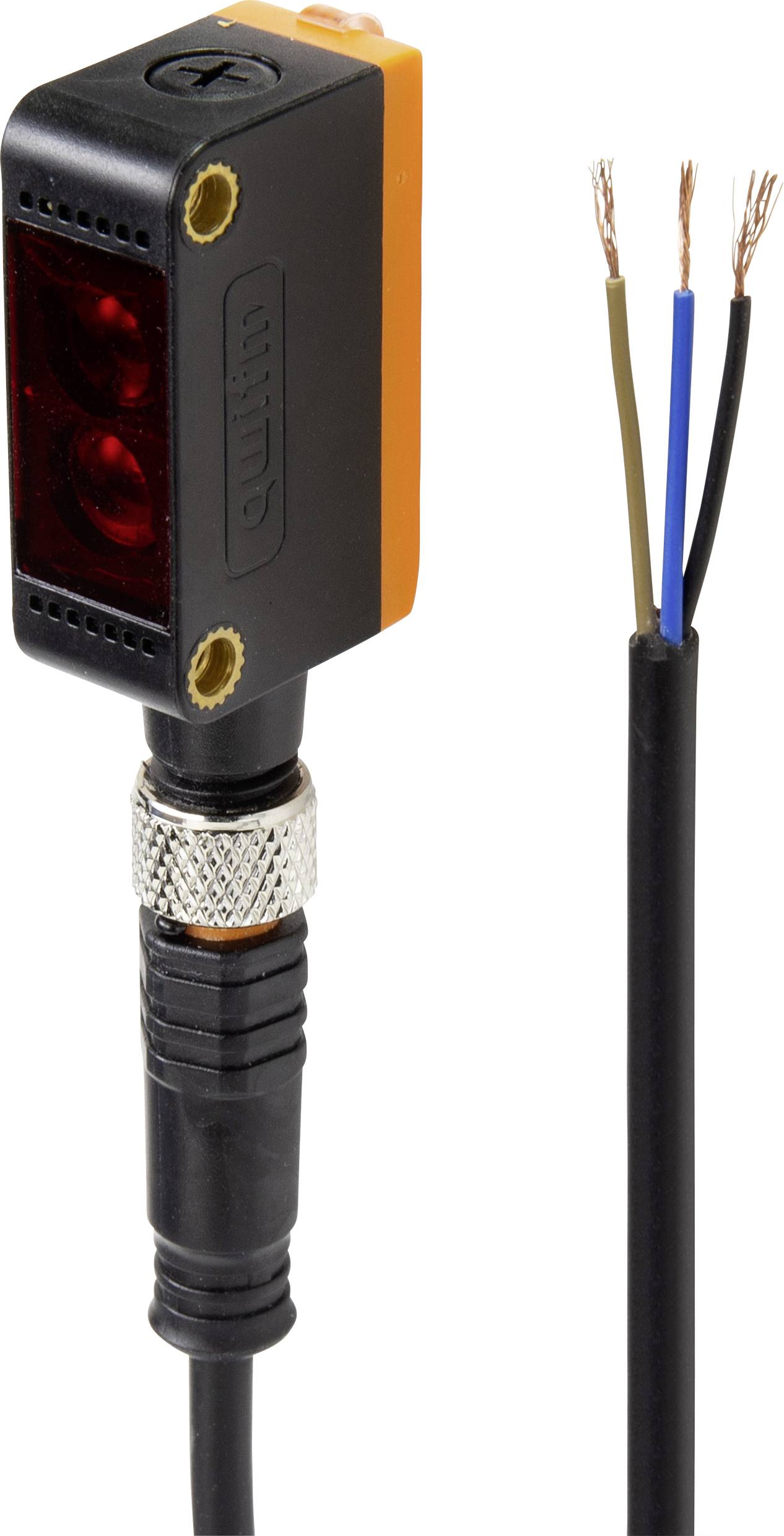 Sensor with cable connection, three exposed wires, black plastic housing, red light window, industrial application.