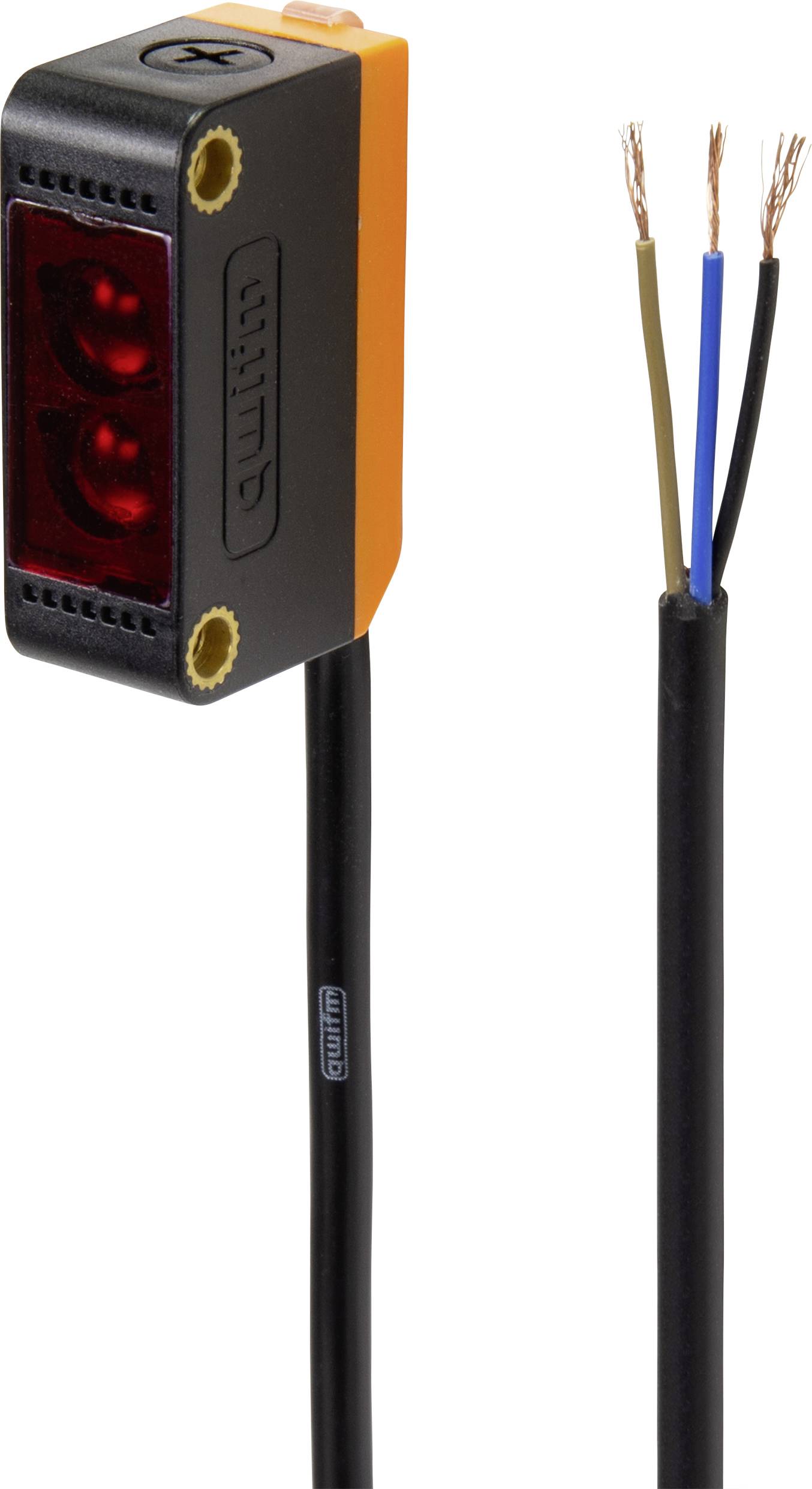 A rectangular sensor with orange sides and a black front featuring a viewing window and cable connection; three loose wires protrude.