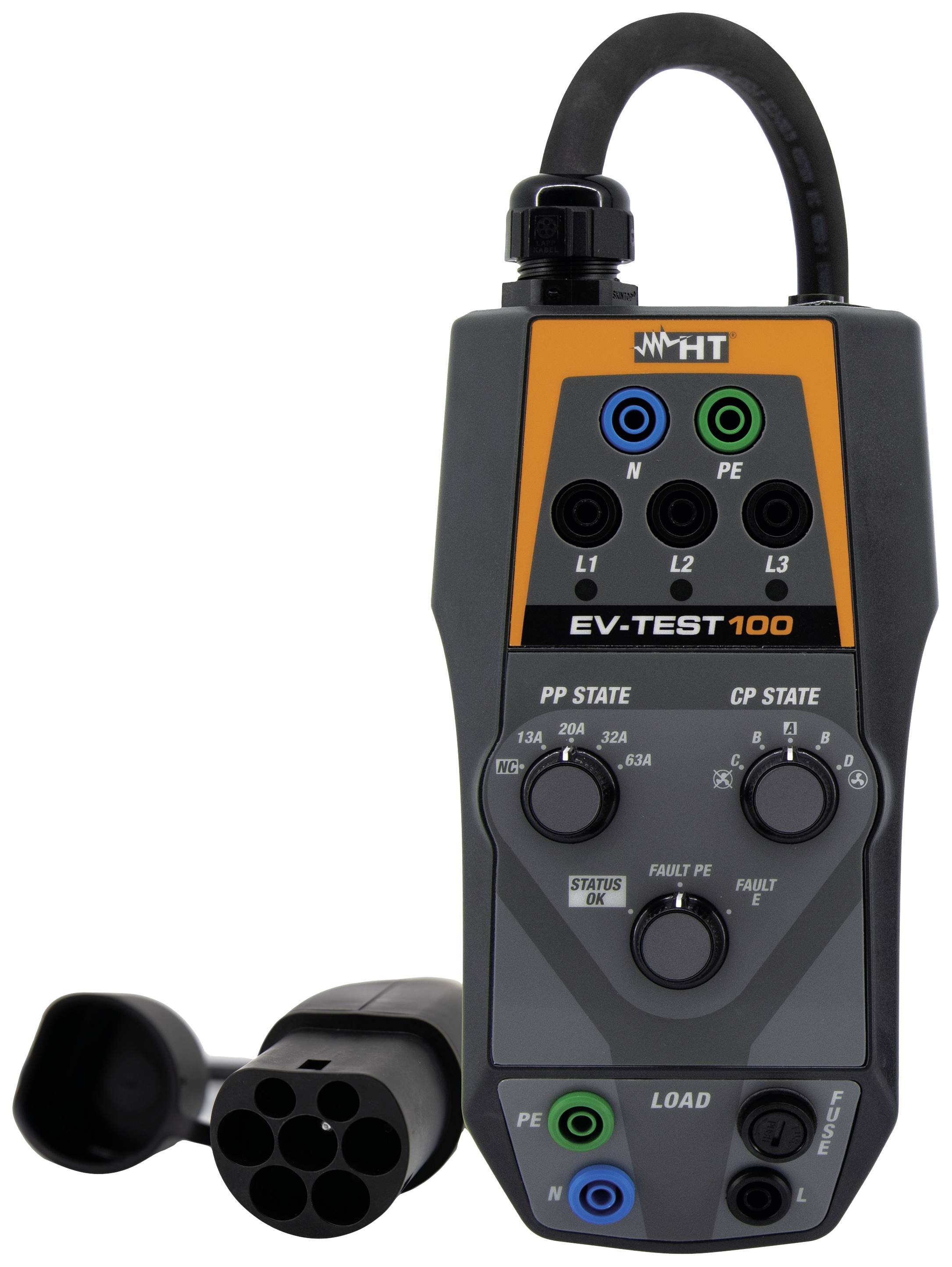 Electric vehicle charger tester with multiple ports and indicator lights, Model 'EV-TEST100'.