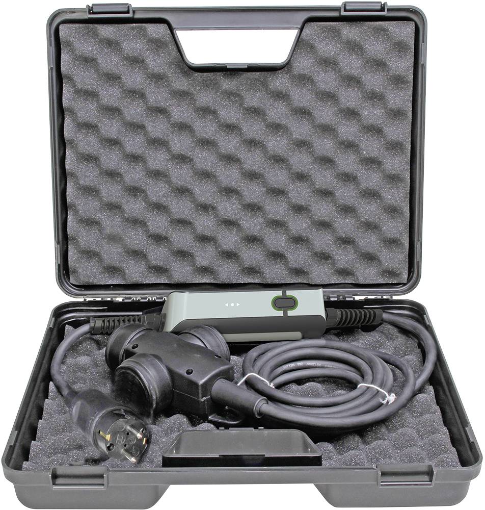 Portable charging port in a black case with foam padding. Includes cables and connection plugs for electric vehicles.