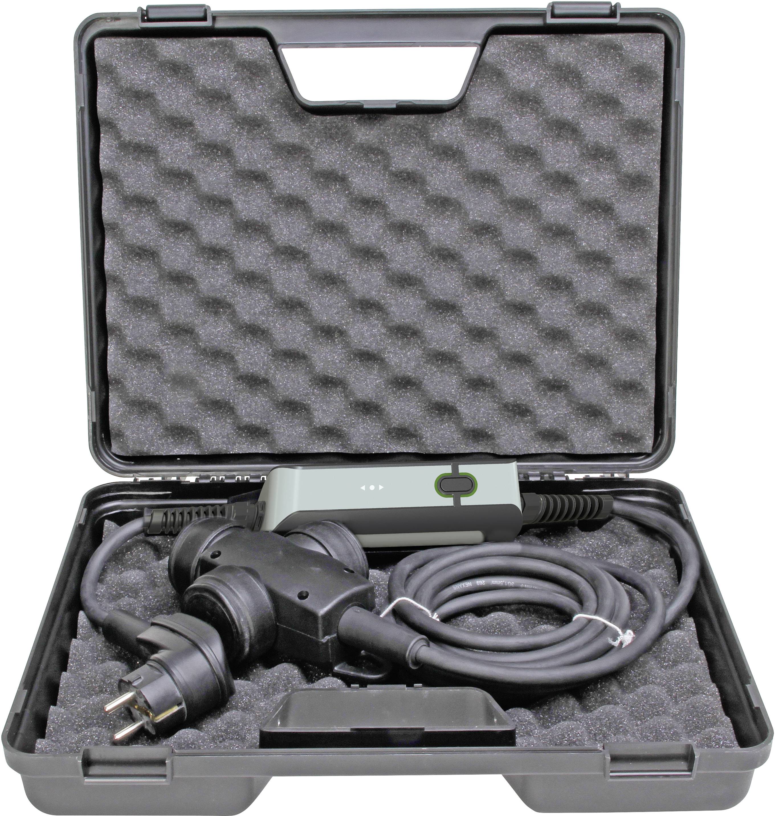 An open suitcase contains a charging cable kit for electric vehicles, with a plug and a control unit for charging.