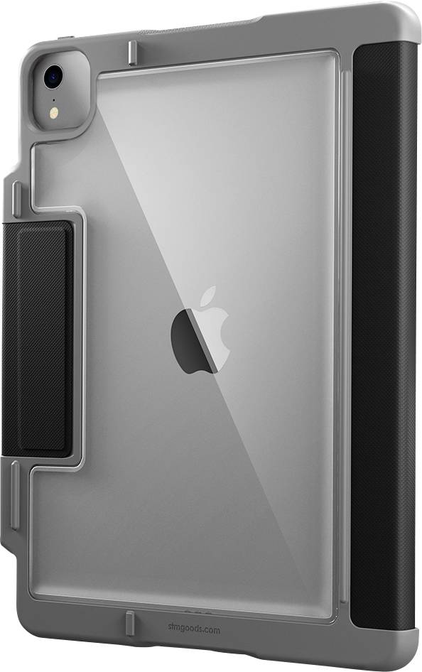 Grey protective case with integrated stand for a tablet, exposed Apple logo on the back, camera opening in the top left corner.