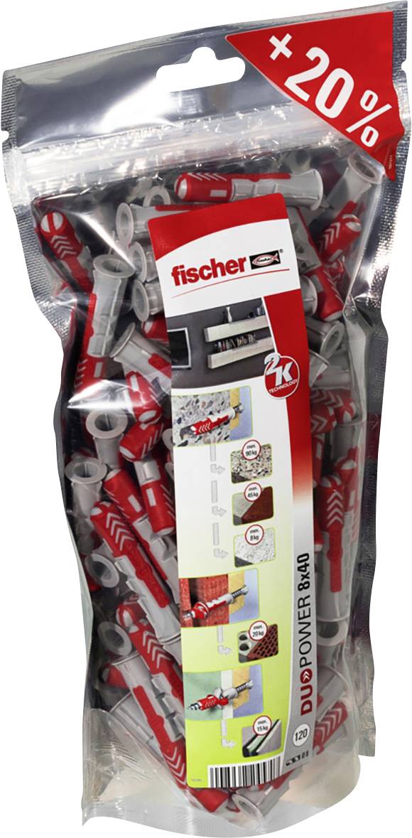 Bag with Fischer dowels, label '+20%', coloured application instructions on various materials.