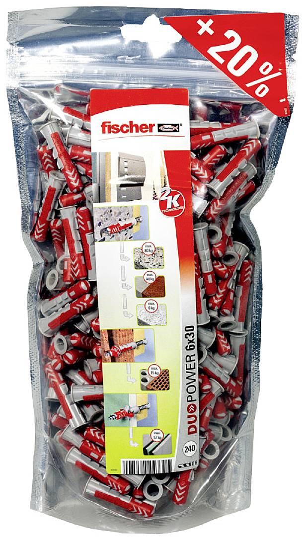 Plastic bag containing Fischer wall plugs 'DUOPOWER 6x30'. Packaging shows application examples for masonry, plasterboard and tiles. Contains 240 wall plugs.