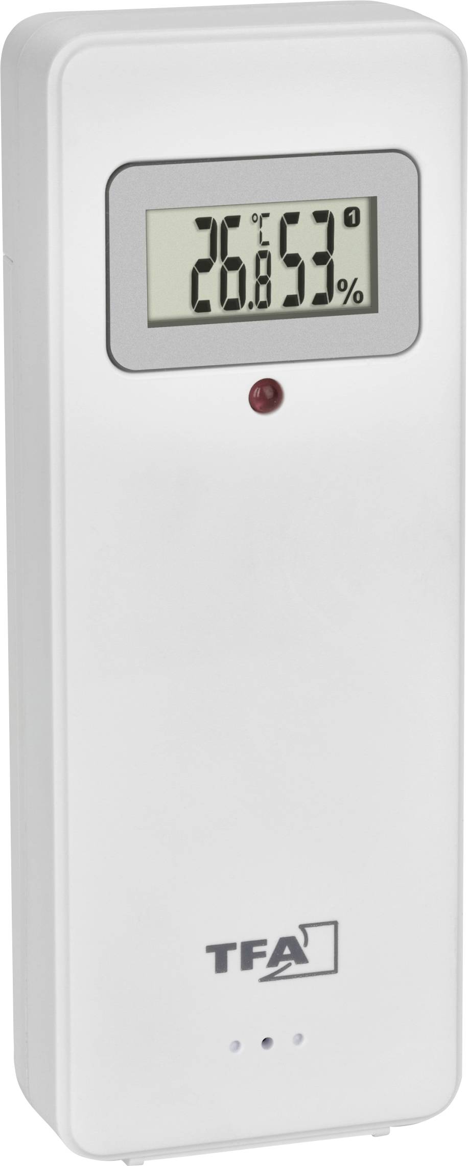 A digital thermometer displays 26.8 degrees Celsius and 53 percent humidity. The device has a white casing.