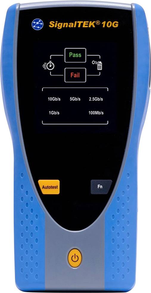 A handy network testing device with a digital display shows test results 'Pass' and 'Fail'. Various speed options: 10Gb/s to 100Mb/s.