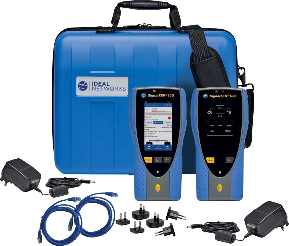Image shows network cabling measurement devices with accessories and blue carrying case. Inscription: 'Ideal Networks'.
