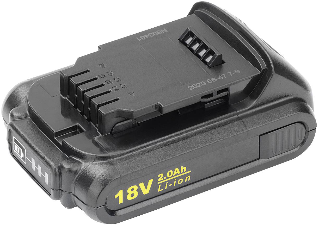 Black 18V Lithium-ion battery with 2.0Ah capacity, suitable for power tools. Displays electrical contacts and housing.