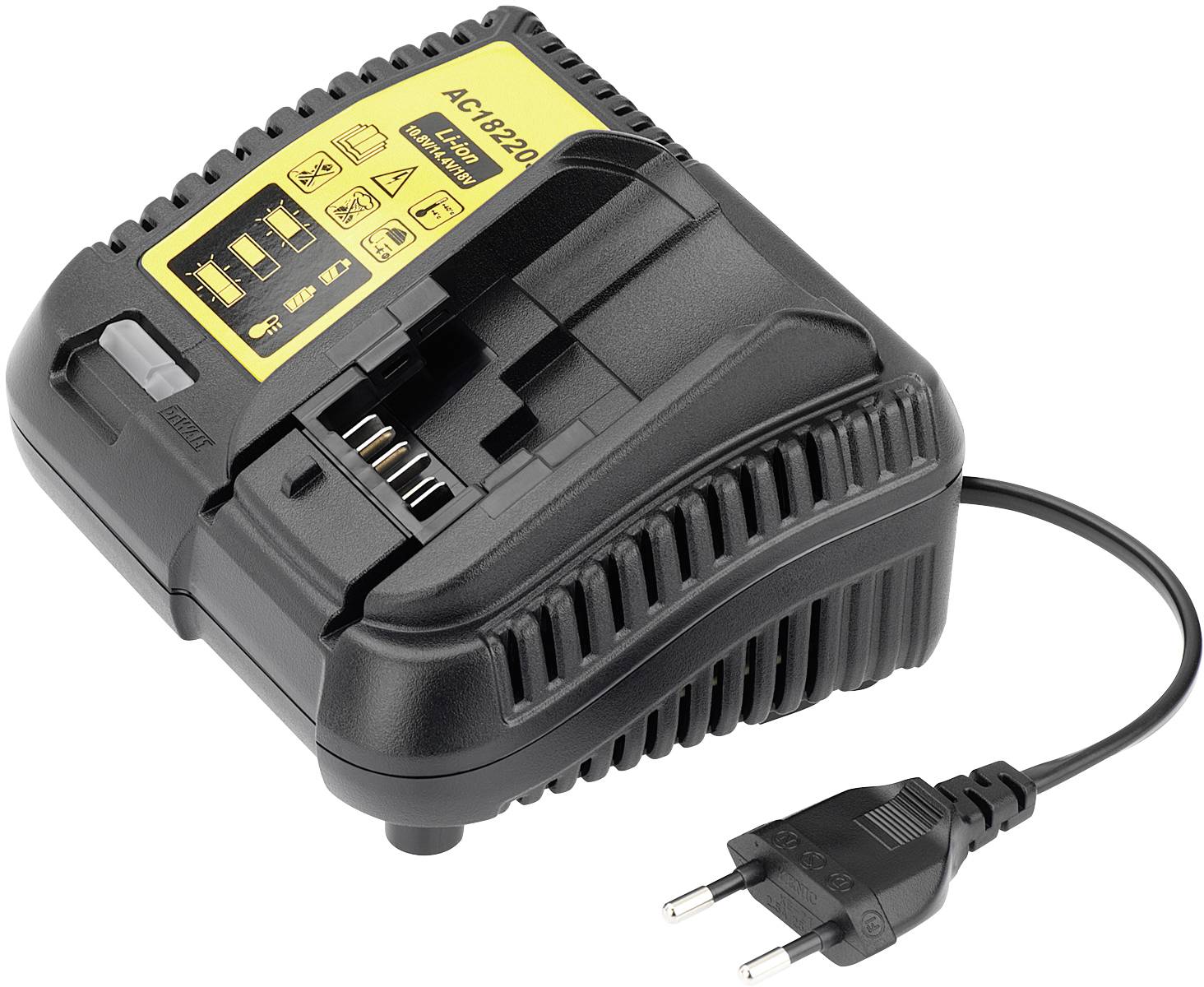 Black battery charger with yellow label and EU plug, suitable for lithium batteries. Suitable for tools.