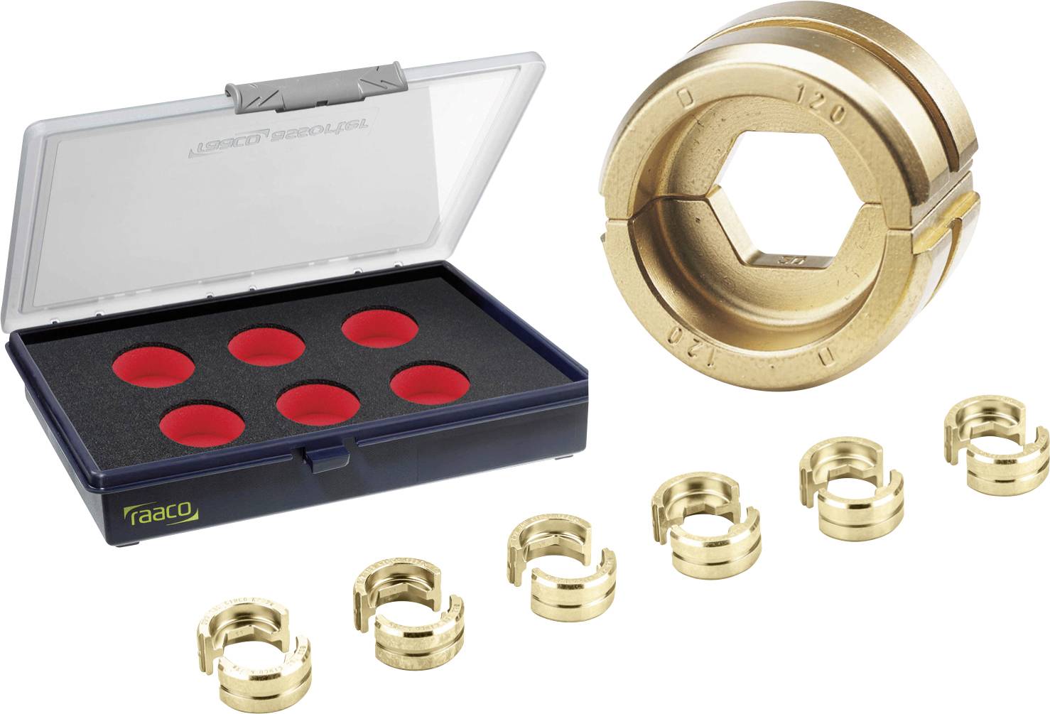 Brass components and storage box with six red-marked compartments. The parts are designed for mechanical applications.
