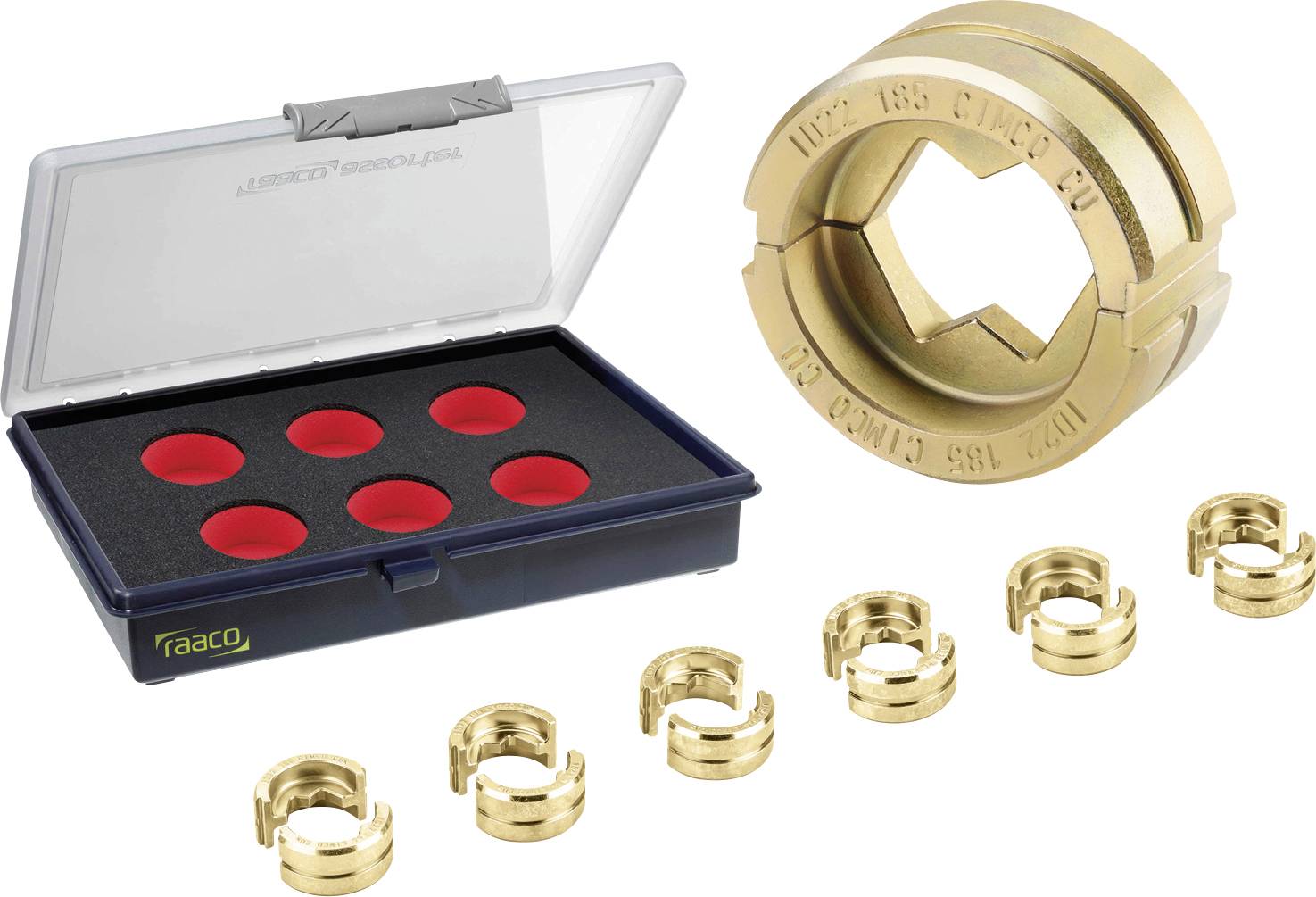 An open suitcase with six red-lined circles and two brass strap buckle adapters of varying sizes beside it.
