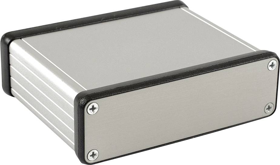 A simple rectangular metal casing with black plastic edges and screws at the corners.