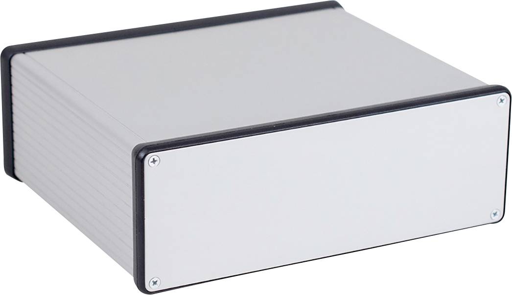 A rectangular, silver-coloured metal casing with a black frame and rounded edges.