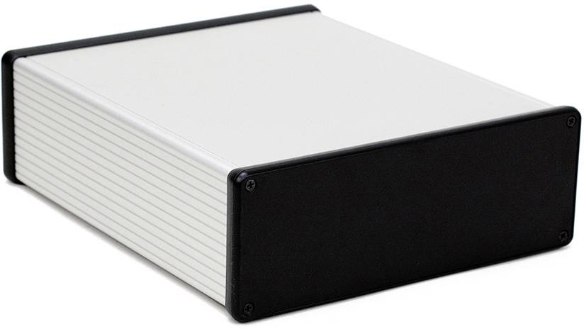 A rectangular, metallic enclosure with a black front panel, likely for electronic devices.