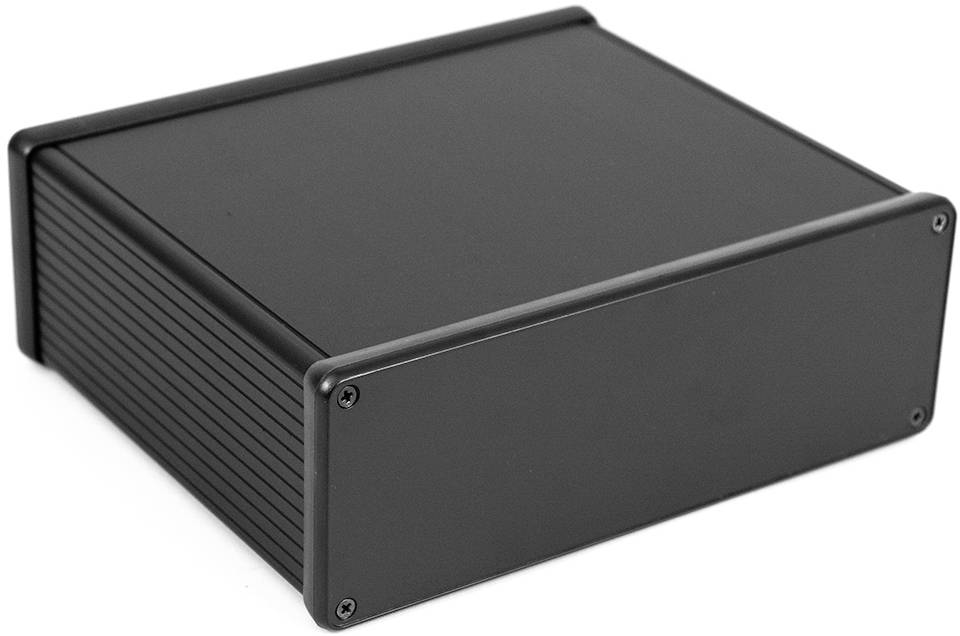 A black-painted rectangular metal enclosure, suitable for electronic devices, rests on a flat surface.