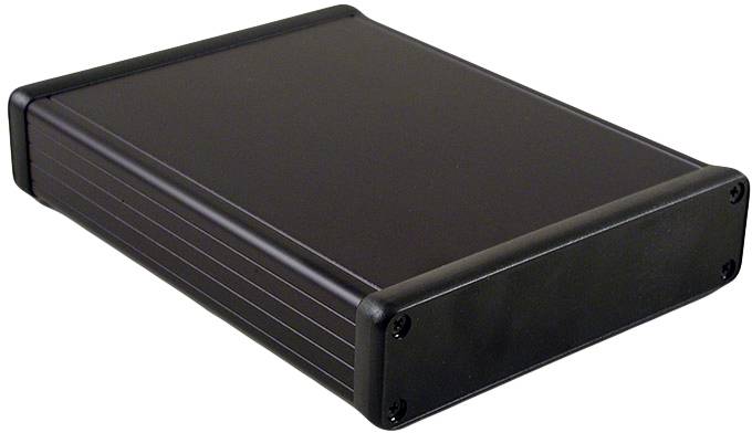 An external hard drive enclosure made of black metal with screws at the corners, designed for protecting and connecting hard drives.
