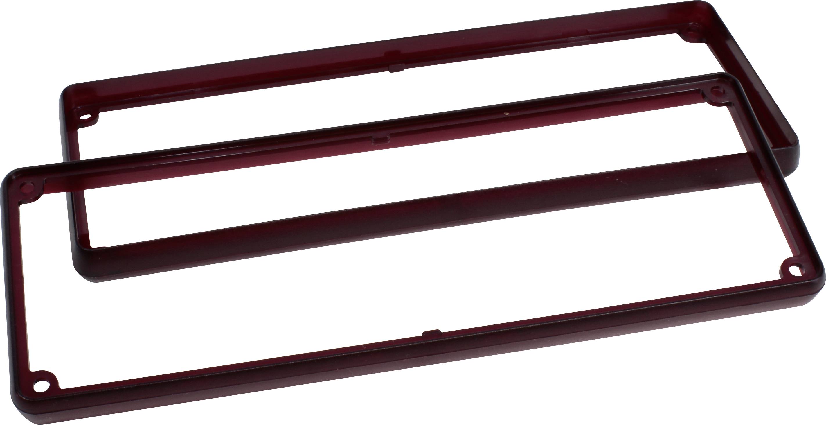 Two rectangular, red plastic number plate holders, layered one on top of the other, without any visible number plates or text.