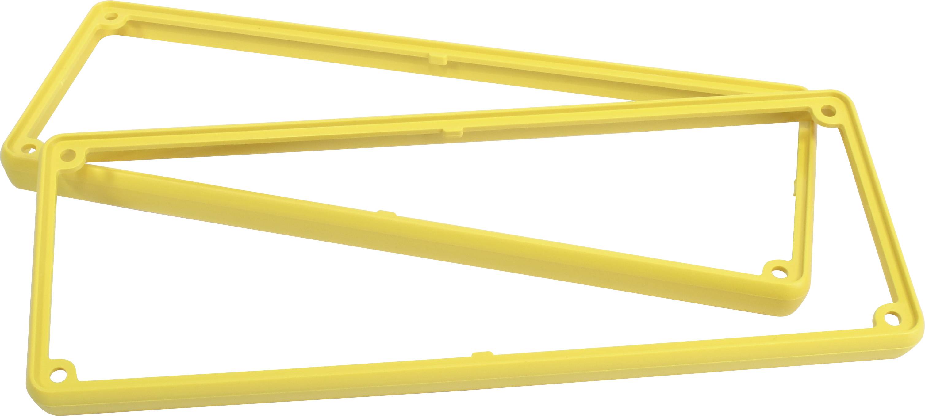 Two yellow, rectangular plastic frames, partially overlapping, on a white background.