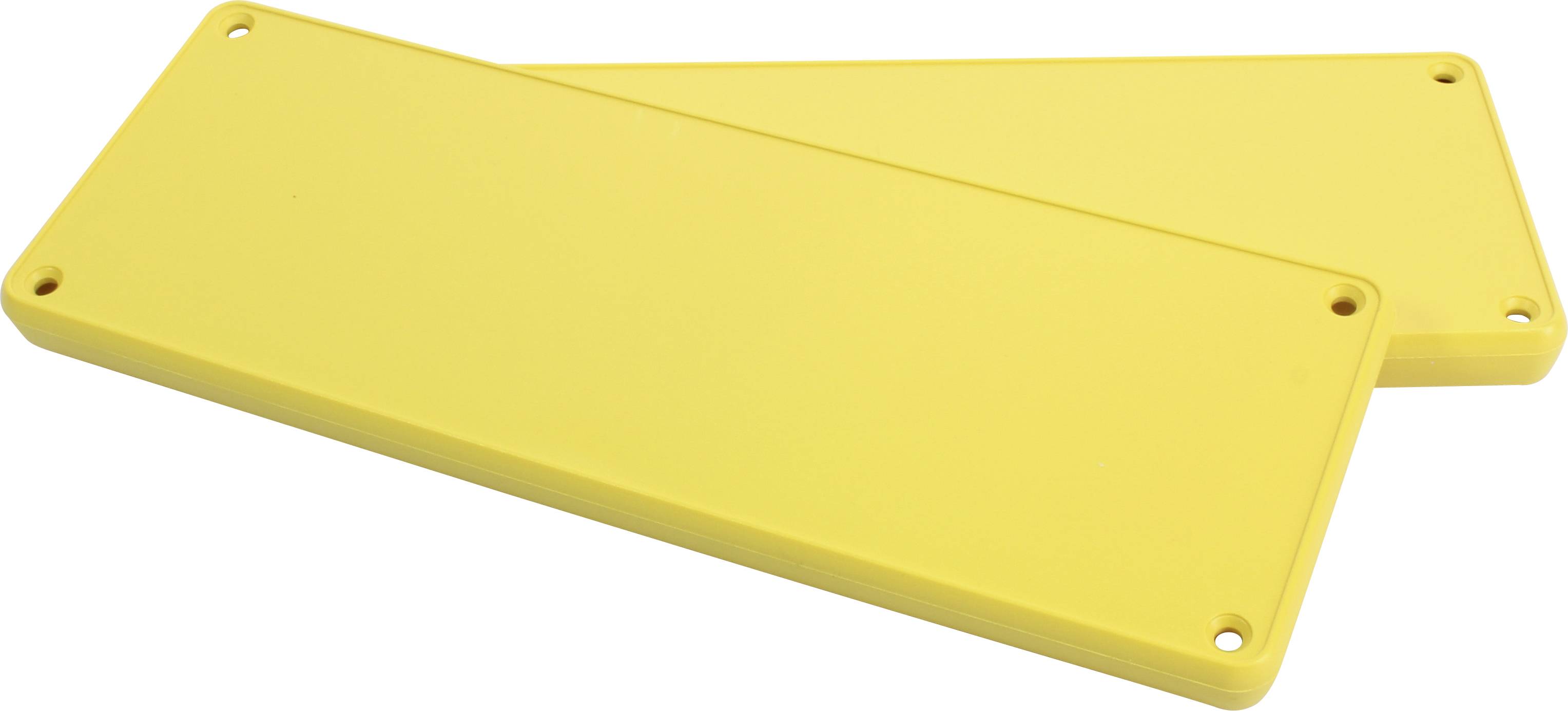 Two yellow, rectangular plastic plates with rounded corners and holes in the corners, layered on top of each other.