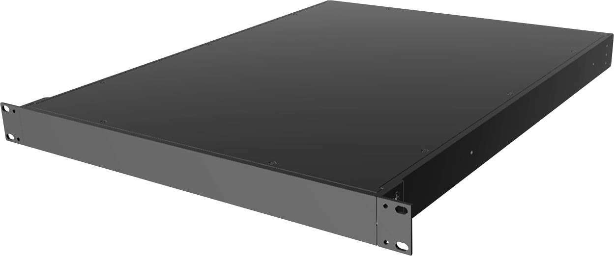 Rack-mountable server chassis, empty, suitable for installation in a 19-inch rack, with multiple mounting points at the front.