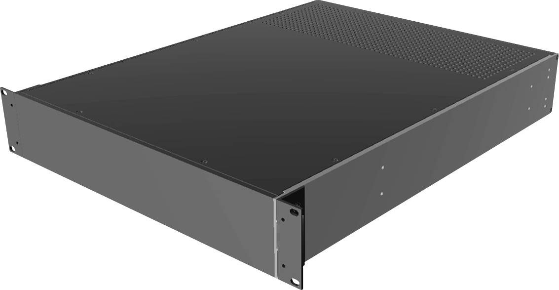 Metal enclosure with ventilation holes, suitable for mounting in a 19-inch rack, provides stable hardware housing.