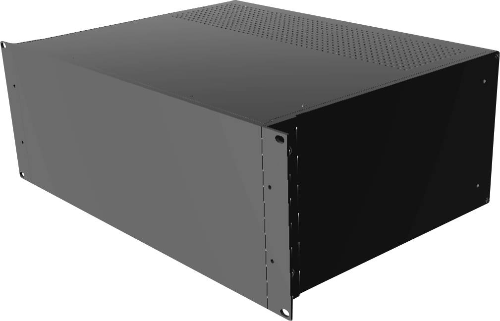 A black, rectangular server enclosure with ventilation holes on the top surface. Designed for mounting in a rack system.