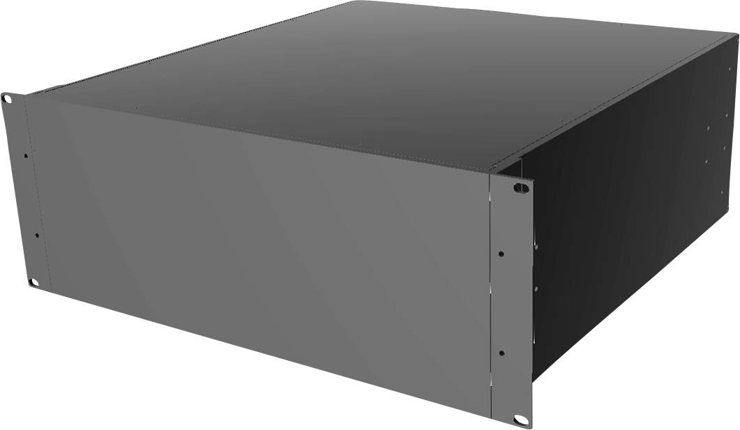 Black, rectangular electronic enclosure in rack-mount design, closed on the sides and rear.