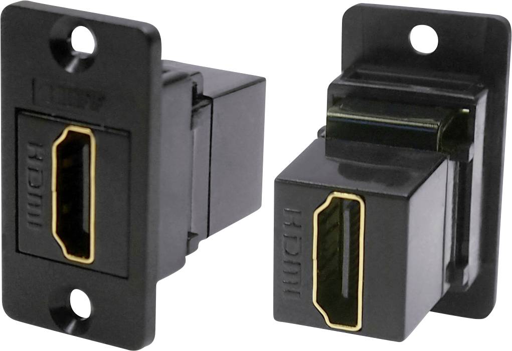 Two black HDMI wall sockets with gold-plated connectors, designed for wall mounting; one showing the front, the other the rear.