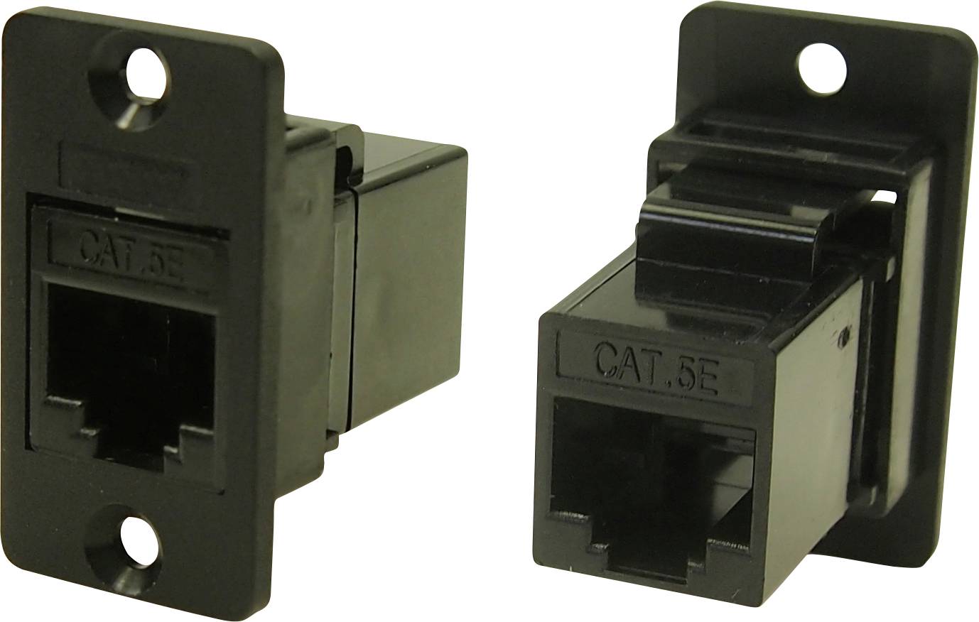 Two black CAT.5E network sockets, rectangular with mounting holes. They are designed for Ethernet connections in networks.