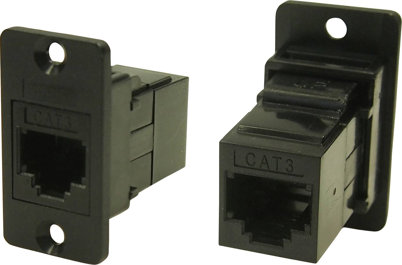 Black CAT3 network socket with rectangular shape, taken from the side. Suitable for telecommunications applications.