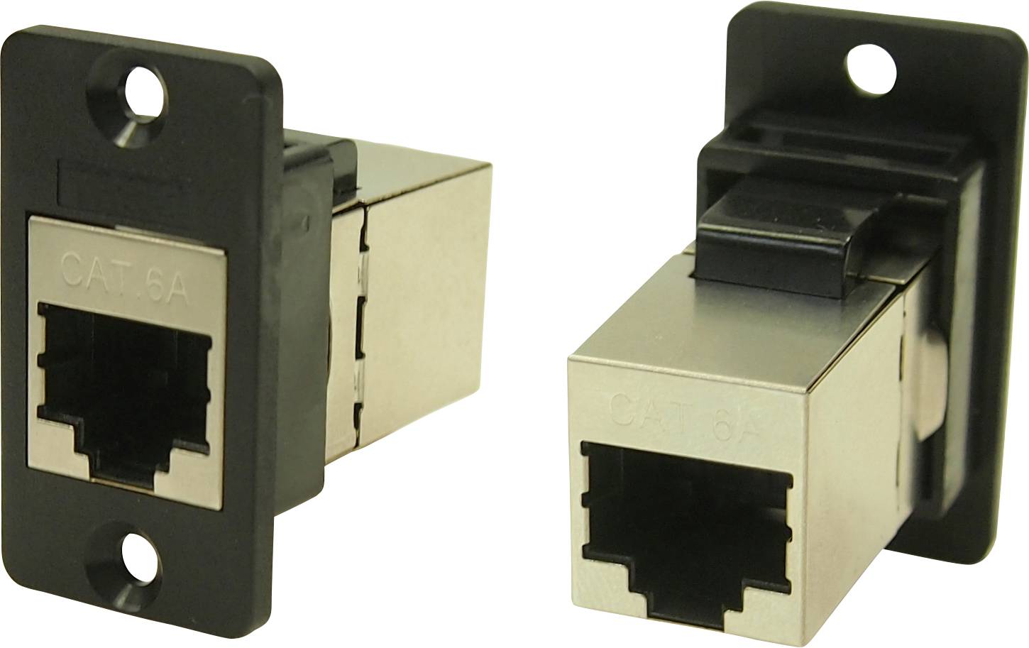 Two CAT 6A network sockets with black casing, shown from the side and front. Suitable for high-speed data connections.