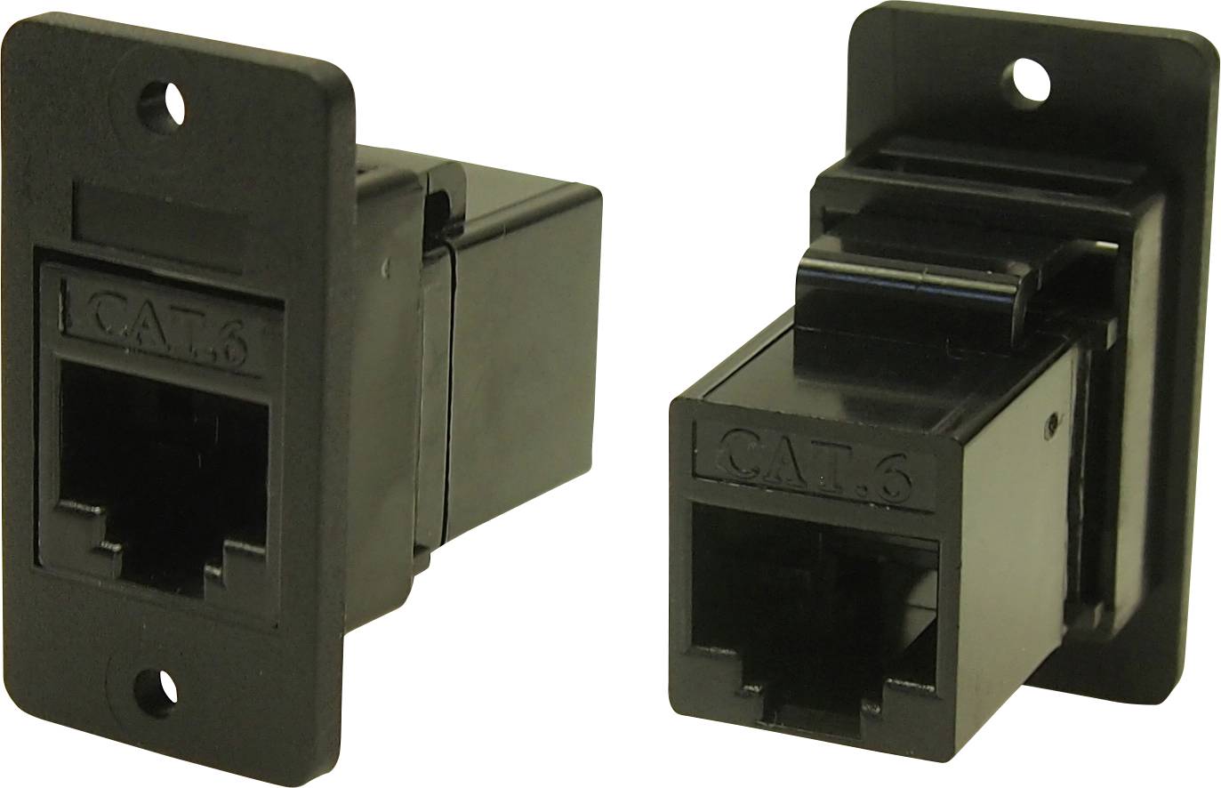 Two black CAT.6 network connectors, shown from the front and side, display the standardised socket form for Ethernet cables.
