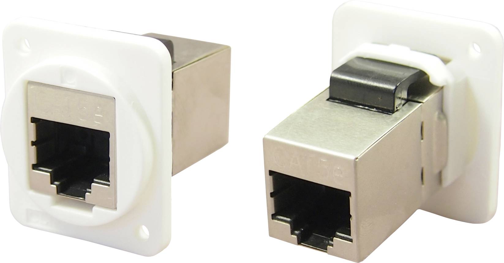 Two RJ45 network connectors on a white background. One shows the front with the socket opening, the other the rear with the metal housing.
