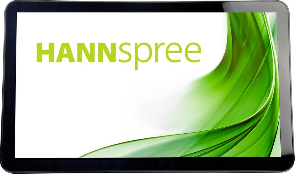 A screen displaying the 'HANNspree' logo on a white background with green abstract shapes on the right-hand side.