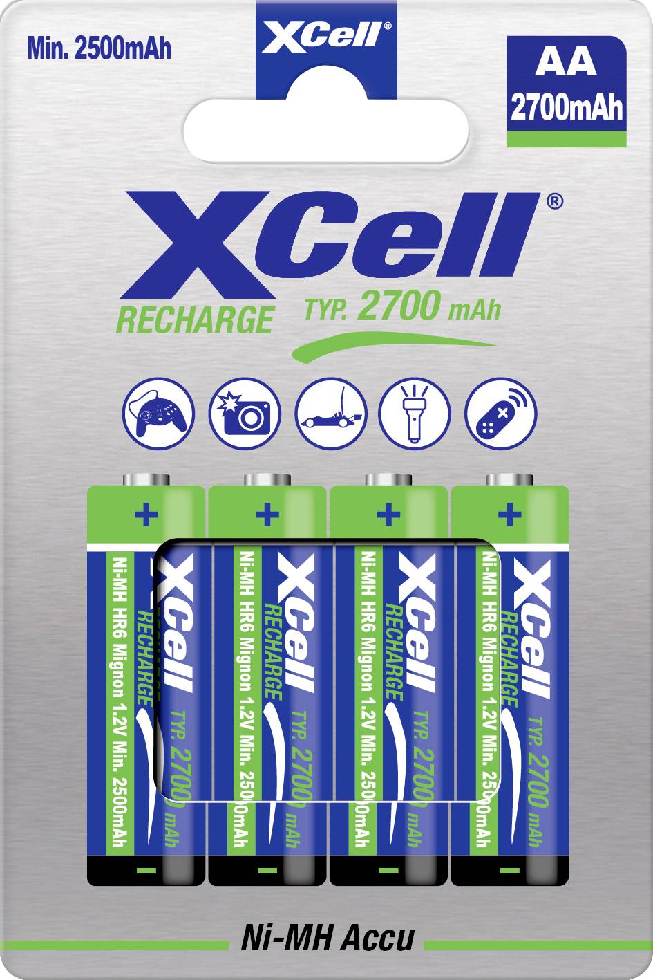 Four rechargeable AA Ni-MH batteries with 2700 mAh capacity in the packaging. A picture of a smiling person is located in the top right corner.