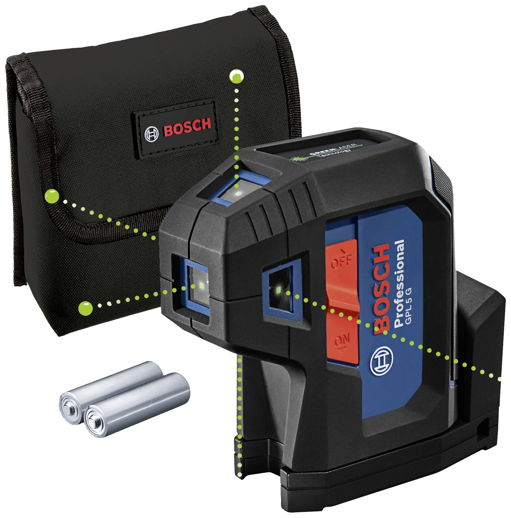Bosch Cross-Line Laser 'Quigo' with diagonal green lines, batteries and black protective case for precise alignment.