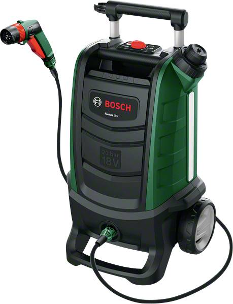 A portable Bosch pressure washer in a green and black design with wheels, hose and gun, suitable for outdoor cleaning tasks.