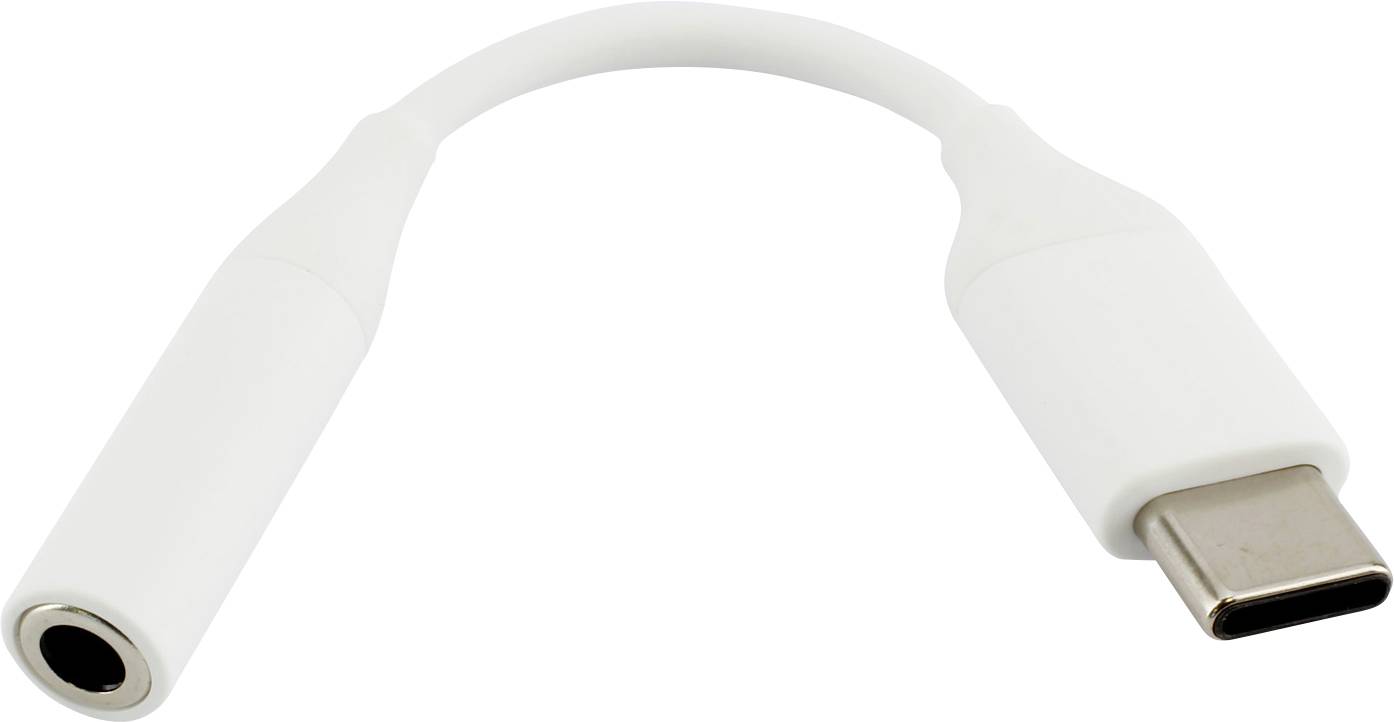 A white USB-C to 3.5mm headphone jack adapter.