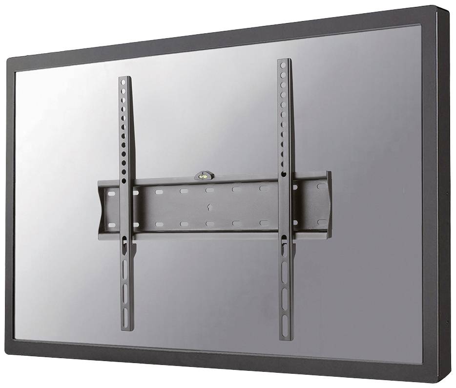 A black TV wall mount with a flat bracket and two vertical rails for securing a television set.
