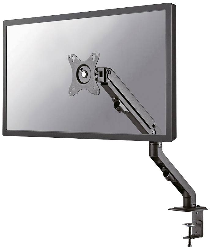 A flat-screen display is secured to an adjustable swivel arm mounted on a desk edge, enabling flexible positioning.